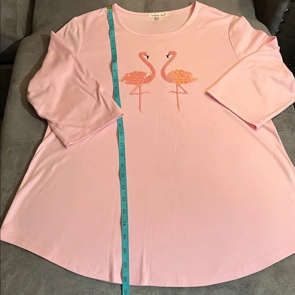 Indigo Soul pink beaded flamingo 3/4 length sleeve cotton shirt Large - Picture 9 of 14
